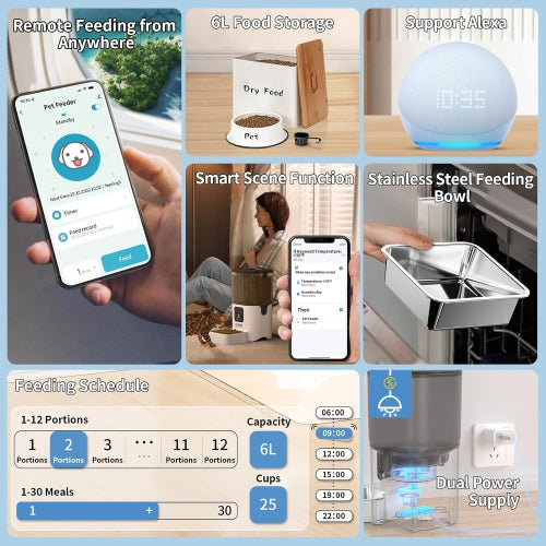 PAPIFEED Smart Automatic Cat Feeders: WiFi Pet Feeder with APP Control for Remote Feeding (6L/25Cup)