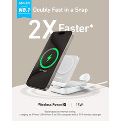 Anker MagGo 3-in-1 Charging Station, MagSafe-Compatible Wireless Charger Stand, Qi2 Certified 15W Foldable Charger