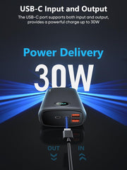 Portable Power Bank 40000mAh Power Bank QC 4.0 and PD 30W Quick Charging Built-in LED Display 2 USB 1Type-C Output Compatible - Black