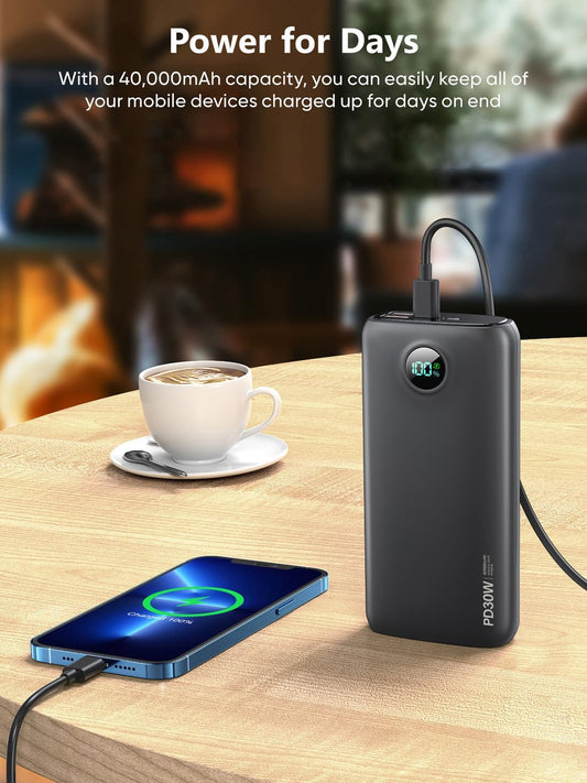 Portable Power Bank 40000mAh Power Bank QC 4.0 and PD 30W Quick Charging Built-in LED Display 2 USB 1Type-C Output Compatible - Black