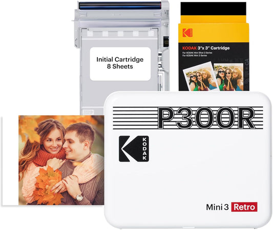 KODAK Mini 3 Retro 4PASS Portable Photo Printer 3x3 with 68 Sheets Bundle, Bluetooth Wireless Instant Photo Printing, Laminated Prints, White