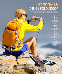 Solar Power Bank - 42800mAh Portable Power Bank with Solar Charging, QC 3.0 Fast Charging, Dual USB Output, Built-in Flashlight, External Battery Pack for Phones & Tablets – Black