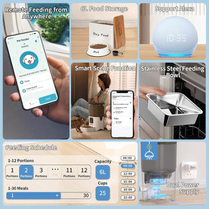 PAPIFEED Smart Automatic Cat Feeders: WiFi Pet Feeder with APP Control for Remote Feeding (6L/25Cup)