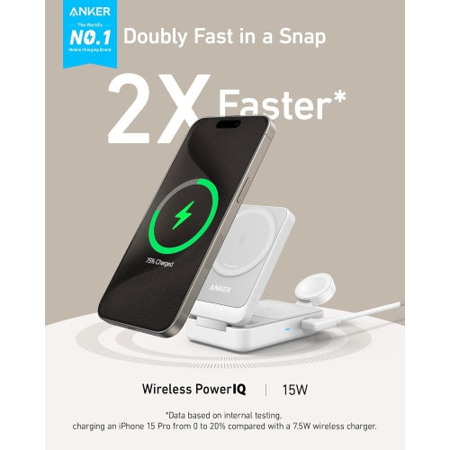 Anker MagGo 3-in-1 Charging Station, MagSafe-Compatible Wireless Charger Stand, Qi2 Certified 15W Foldable Charger