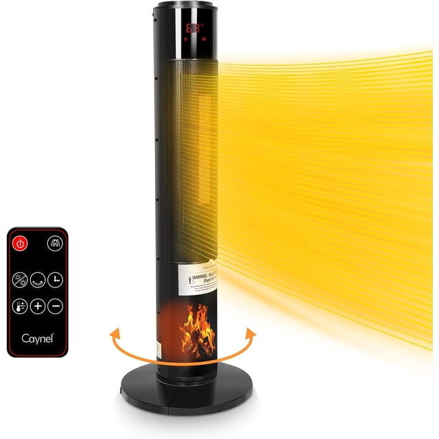 CAYNEL 1500W Ceramic Tower Space Heater with 3D Flame, Remote & 60° Oscillation - Black