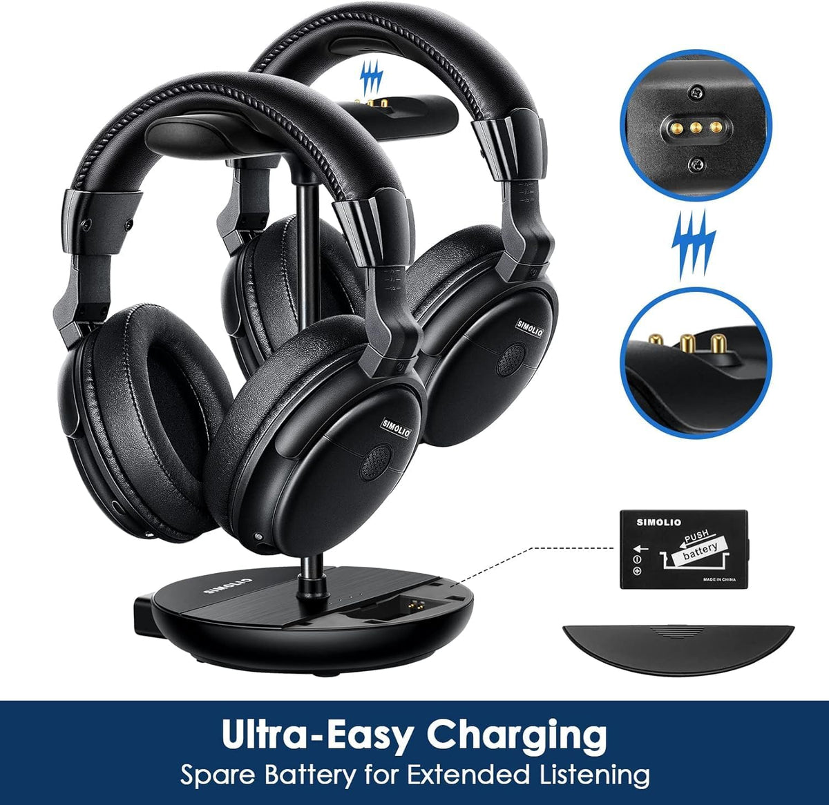 SIMOLIO SM-829D2 Dual Wireless TV Headphones with Charging Stand, Clear Dialogue, 164-ft Range, Black
