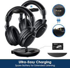 SIMOLIO SM-829D2 Dual Wireless TV Headphones with Charging Stand, Clear Dialogue, 164-ft Range, Black