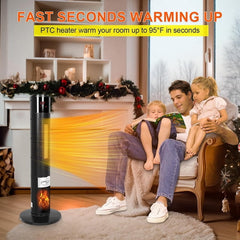 CAYNEL 1500W Ceramic Tower Space Heater with 3D Flame, Remote & 60° Oscillation - Black