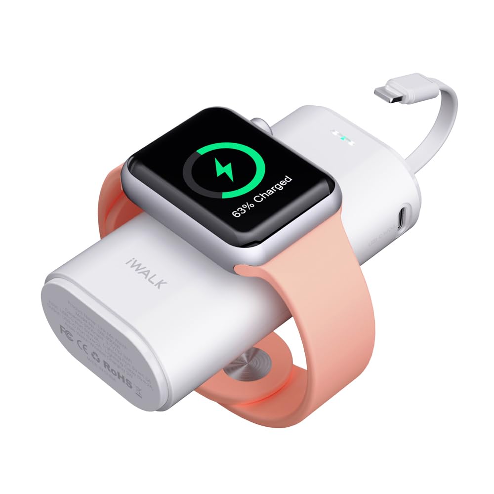 iWALK LinkPod W Portable Apple Watch Charger, 9000mAh Power Bank with Built-In Cable for Apple Watch and iPhone - White