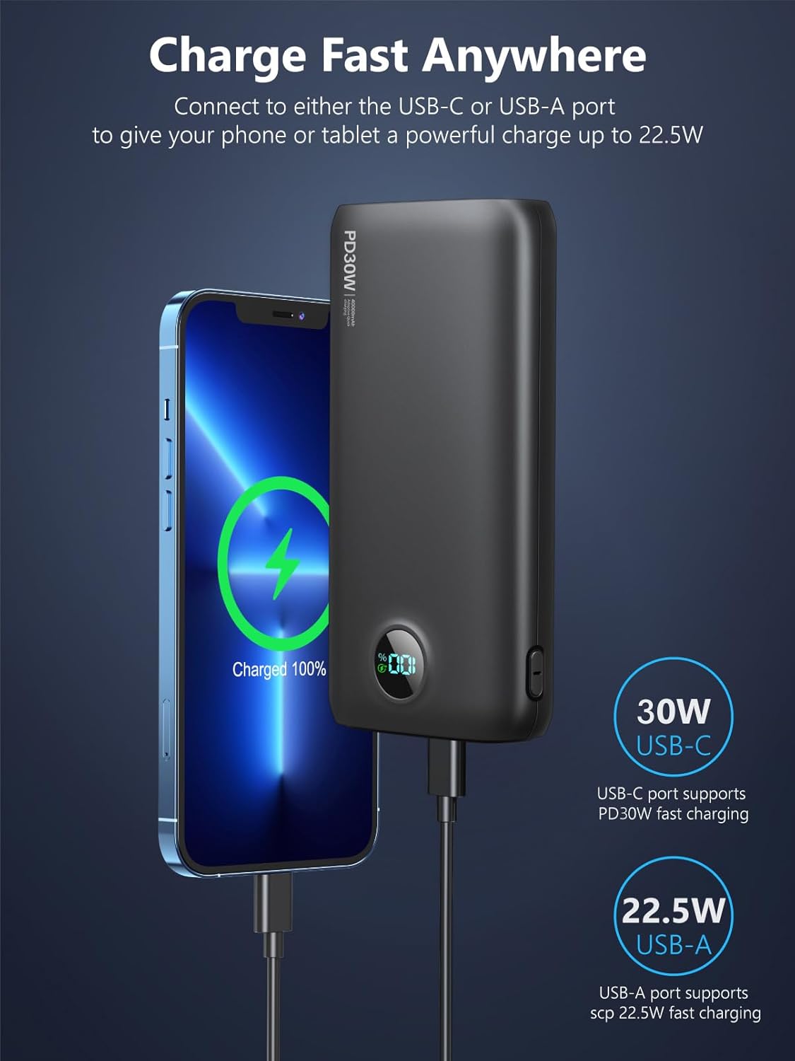 Portable Power Bank 40000mAh Power Bank QC 4.0 and PD 30W Quick Charging Built-in LED Display 2 USB 1Type-C Output Compatible - Black