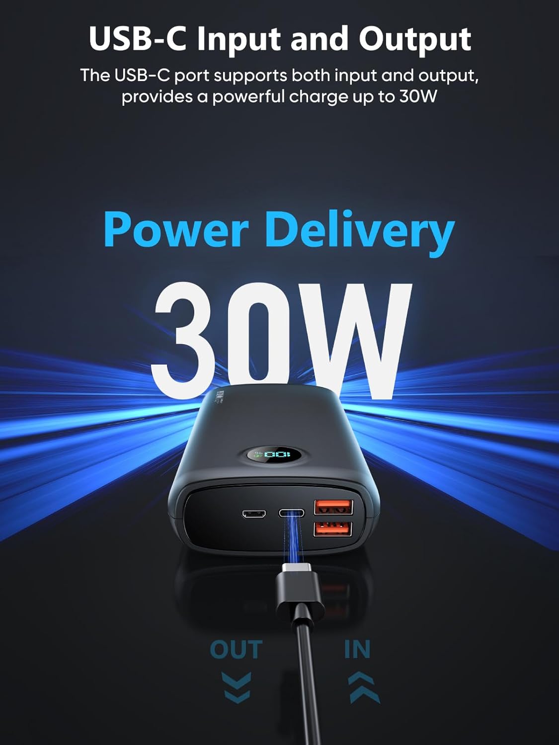 Portable Power Bank 40000mAh Power Bank QC 4.0 and PD 30W Quick Charging Built-in LED Display 2 USB 1Type-C Output Compatible - Black
