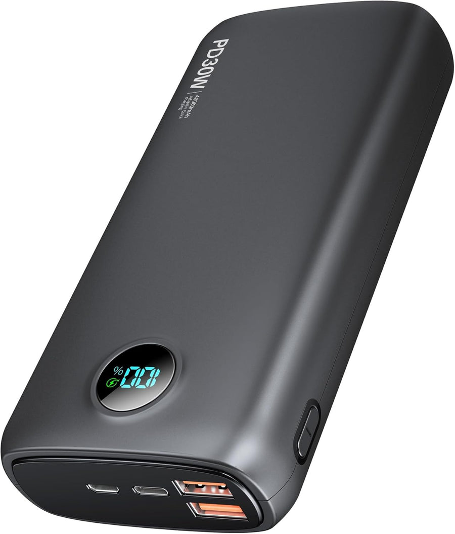 Portable Power Bank 40000mAh Power Bank QC 4.0 and PD 30W Quick Charging Built-in LED Display 2 USB 1Type-C Output Compatible - Black