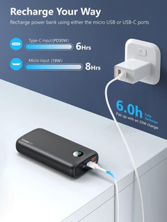 Portable Power Bank 40000mAh Power Bank QC 4.0 and PD 30W Quick Charging Built-in LED Display 2 USB 1Type-C Output Compatible - Black