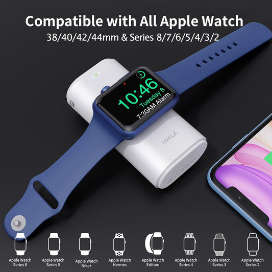 iWALK LinkPod W Portable Apple Watch Charger, 9000mAh Power Bank with Built-In Cable for Apple Watch and iPhone - White