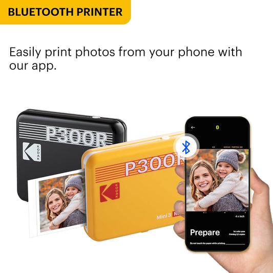 KODAK Mini 3 Retro 4PASS Portable Photo Printer 3x3 with 68 Sheets Bundle, Bluetooth Wireless Instant Photo Printing, Laminated Prints, White