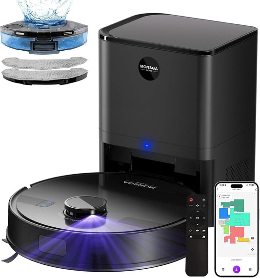 MONSGA Robot Vacuum & Mop - 5000 Pa Self-Emptying Auto-Dock with 3.5 L / 60-Day Capacity, LiDAR Mapping & Navigation, 180-Min Runtime, Wi-Fi / App / Alexa / Remote - Ideal for Pets