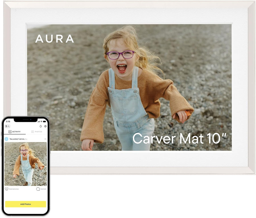 Aura Carver 10.1" WiFi Digital Picture Frame AF900-MWHT – HD Display, Unlimited Cloud Storage, App Control, Landscape Design