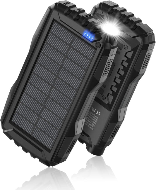 Solar Power Bank - 42800mAh Portable Power Bank with Solar Charging, QC 3.0 Fast Charging, Dual USB Output, Built-in Flashlight, External Battery Pack for Phones & Tablets – Black