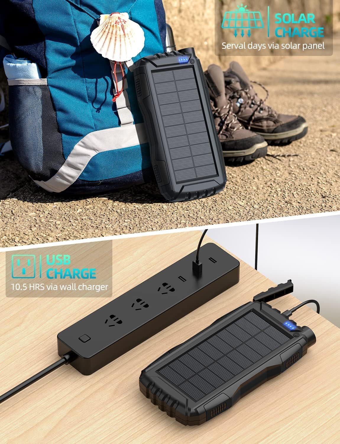 Solar Power Bank - 42800mAh Portable Power Bank with Solar Charging, QC 3.0 Fast Charging, Dual USB Output, Built-in Flashlight, External Battery Pack for Phones & Tablets – Black