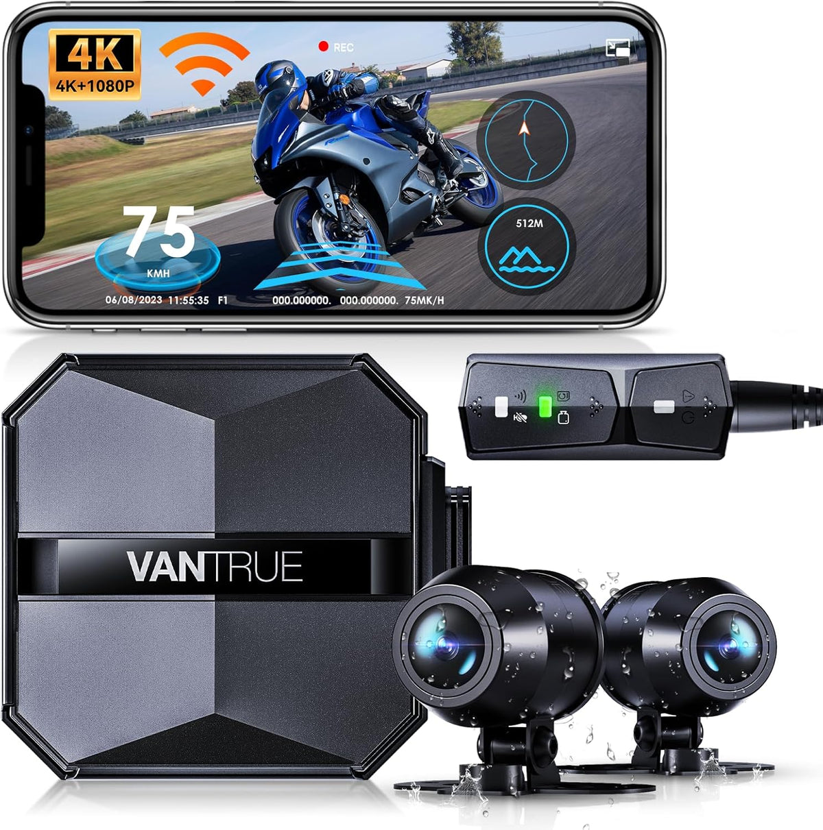 Vantrue F1 Falcon 1 Motorcycle Dash Cam – 4K Front & 1080p Rear, GPS, WiFi, IP67 Waterproof