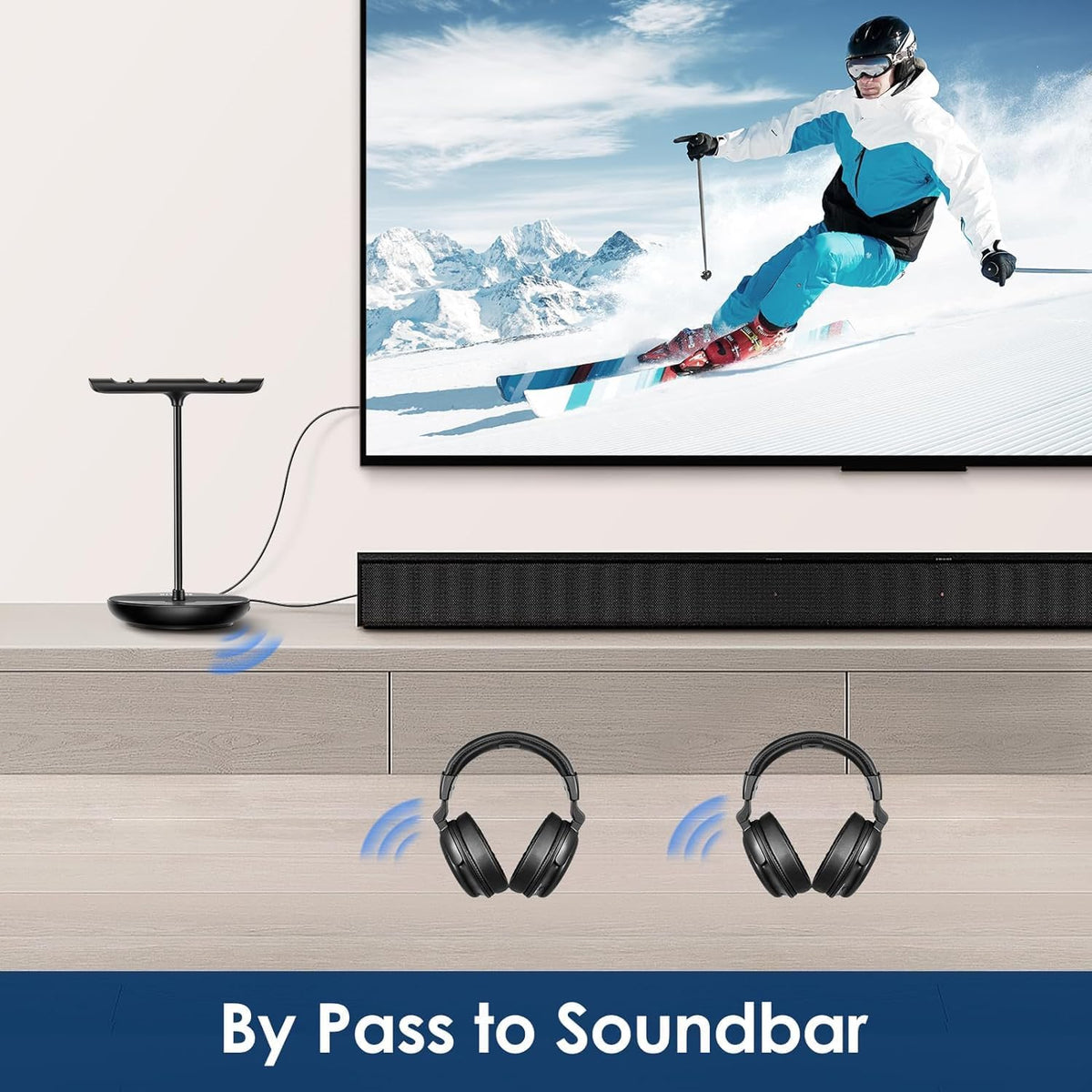 SIMOLIO SM-829D2 Dual Wireless TV Headphones with Charging Stand, Clear Dialogue, 164-ft Range, Black