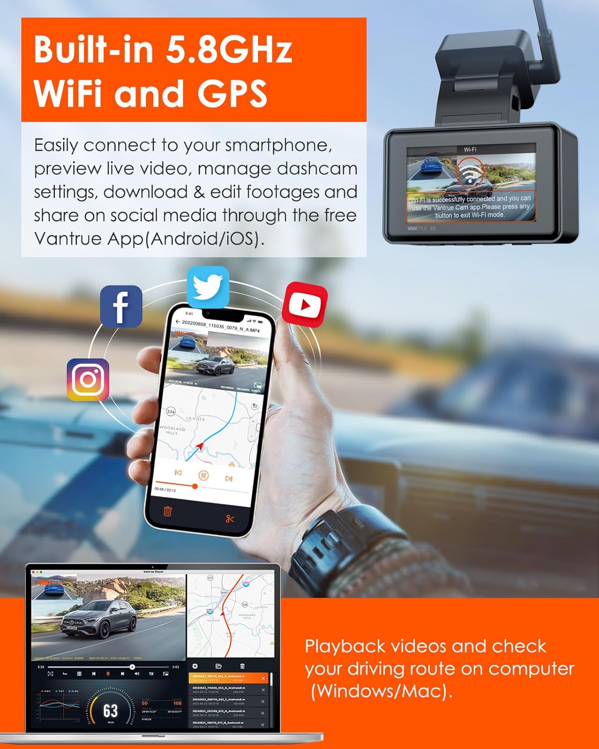Vantrue E2 Dual Dash Cam – 2.7K Front & Rear, STARVIS Night Vision, GPS & Voice Control
