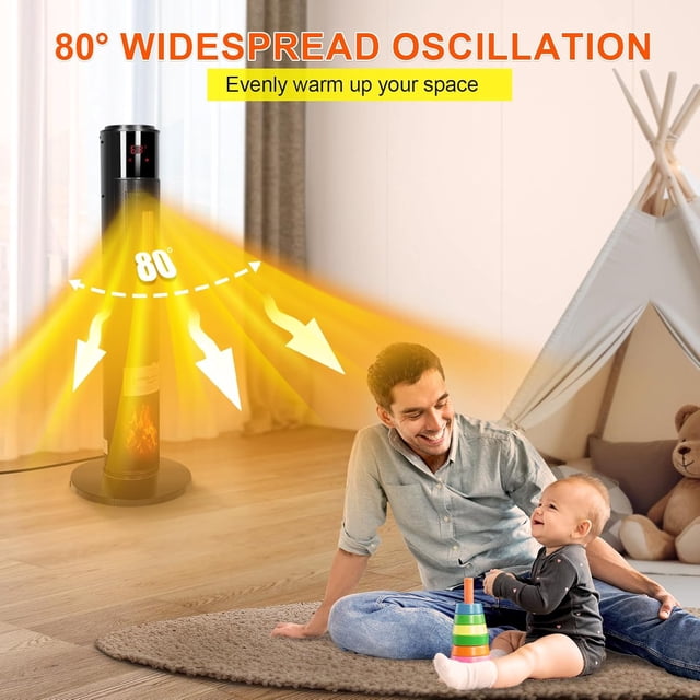 CAYNEL 1500W Ceramic Tower Space Heater with 3D Flame, Remote & 60° Oscillation - Black