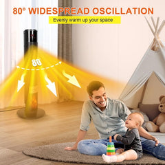 CAYNEL 1500W Ceramic Tower Space Heater with 3D Flame, Remote & 60° Oscillation - Black