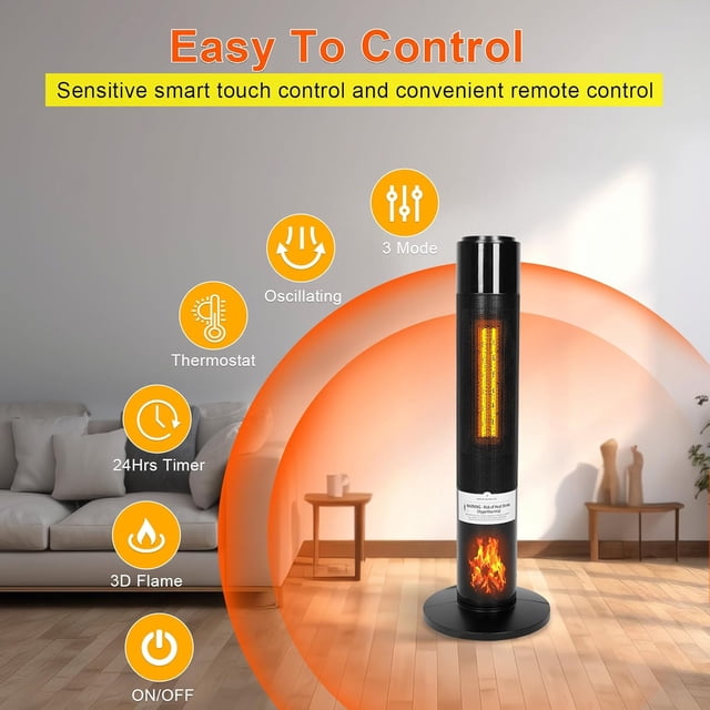CAYNEL 1500W Ceramic Tower Space Heater with 3D Flame, Remote & 60° Oscillation - Black