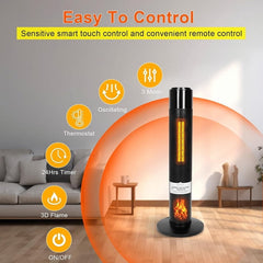 CAYNEL 1500W Ceramic Tower Space Heater with 3D Flame, Remote & 60° Oscillation - Black