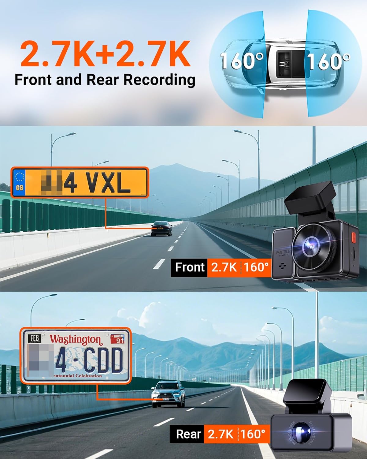 Vantrue E2 Dual Dash Cam – 2.7K Front & Rear, STARVIS Night Vision, GPS & Voice Control